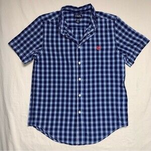 Chaps Blue White Plaid Boys XL 18-20 Short Sleeve Button Down Dress Shirt Easter